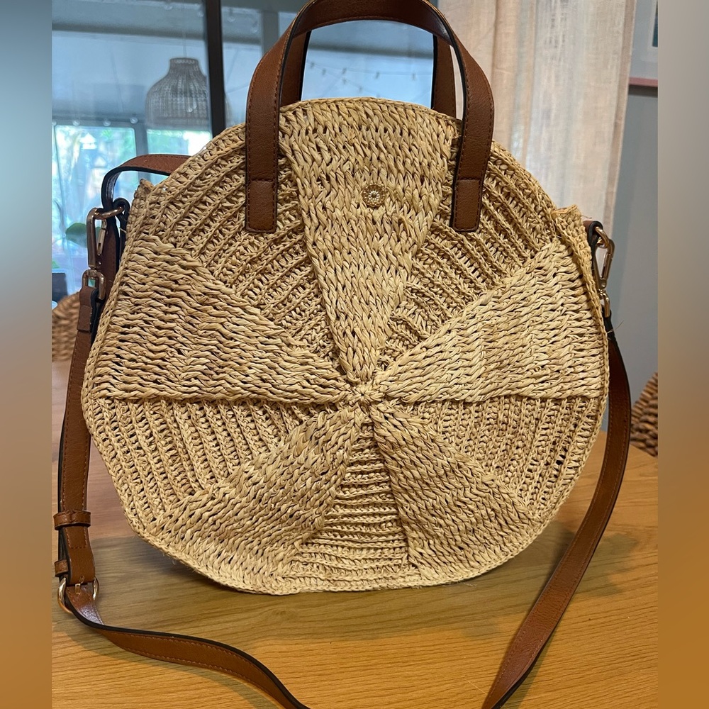 LC Lauren Conrad Natural Straw Round Crossbody with Brown Trim